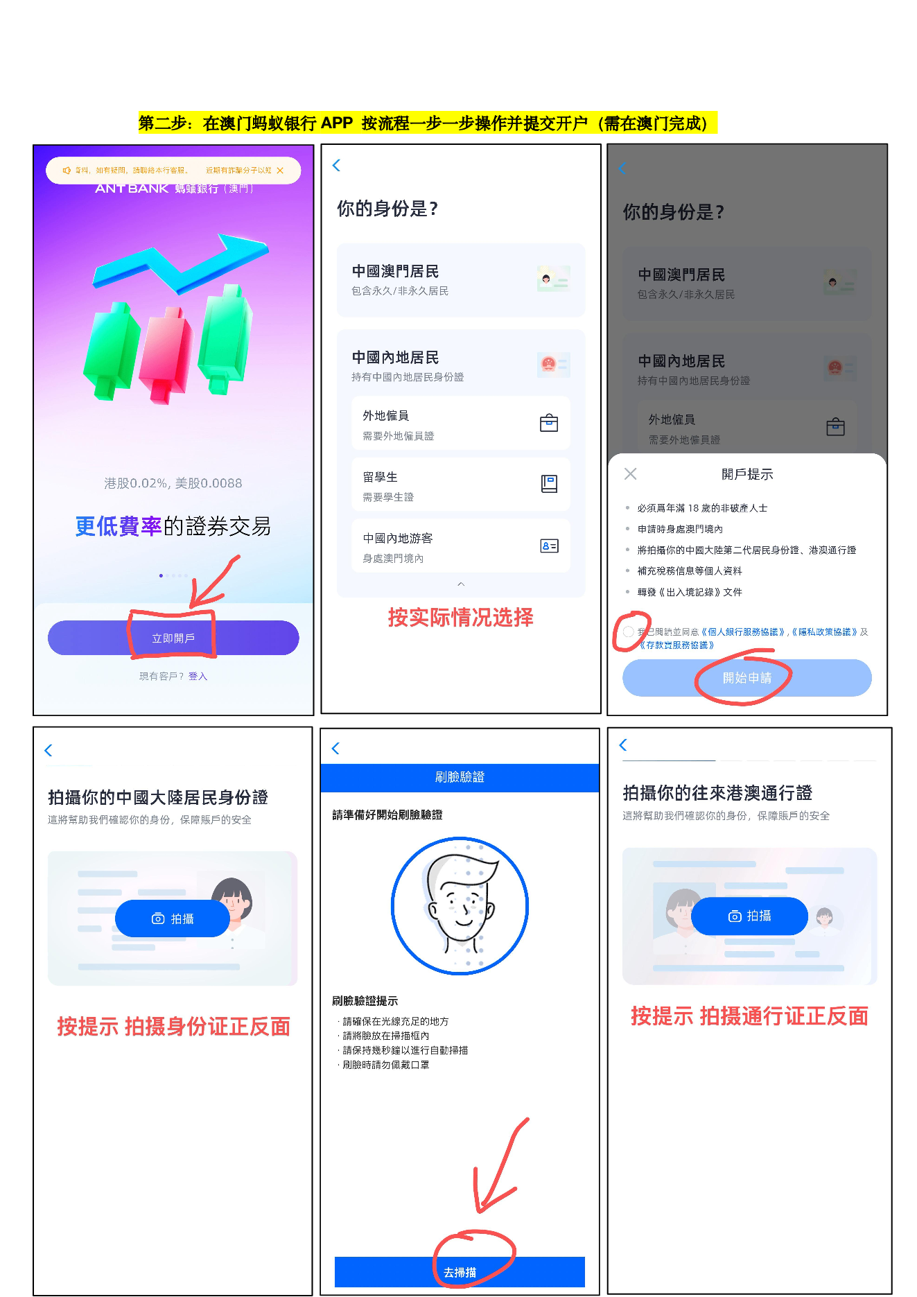 澳门蚂蚁银行 APP 开户身份选择和证件拍摄流程